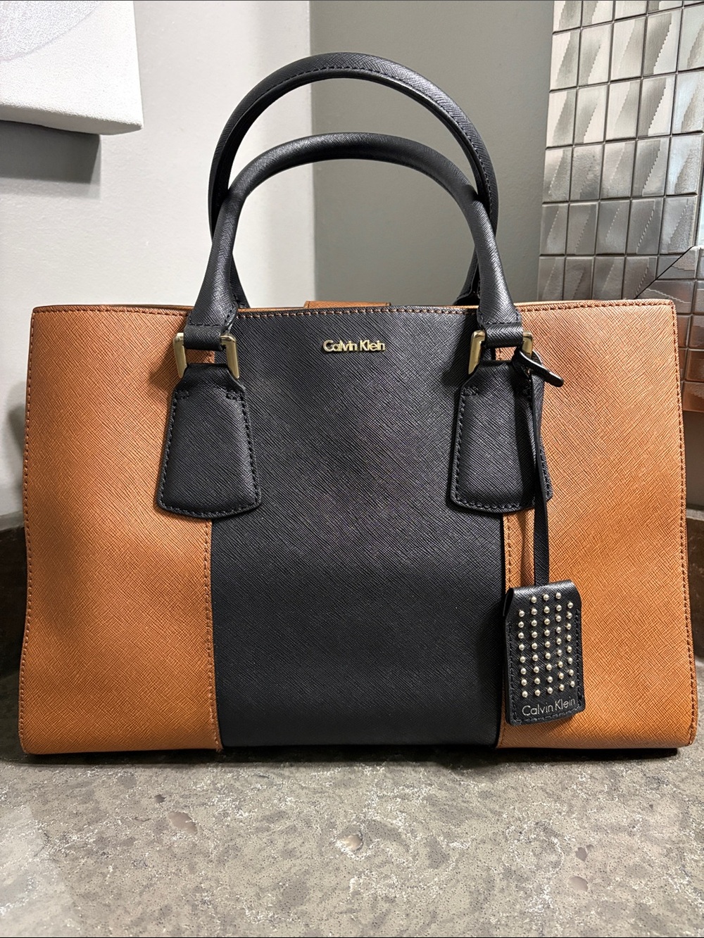 Calvin Klein Black and Tan Panel Satchel